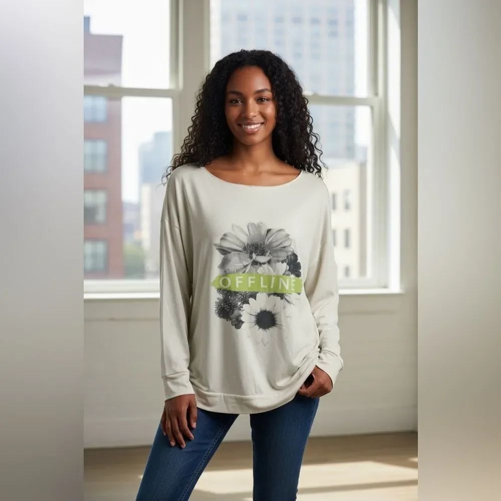 Aerie Cream Floral Graphic Sweatshirt Oversized XL